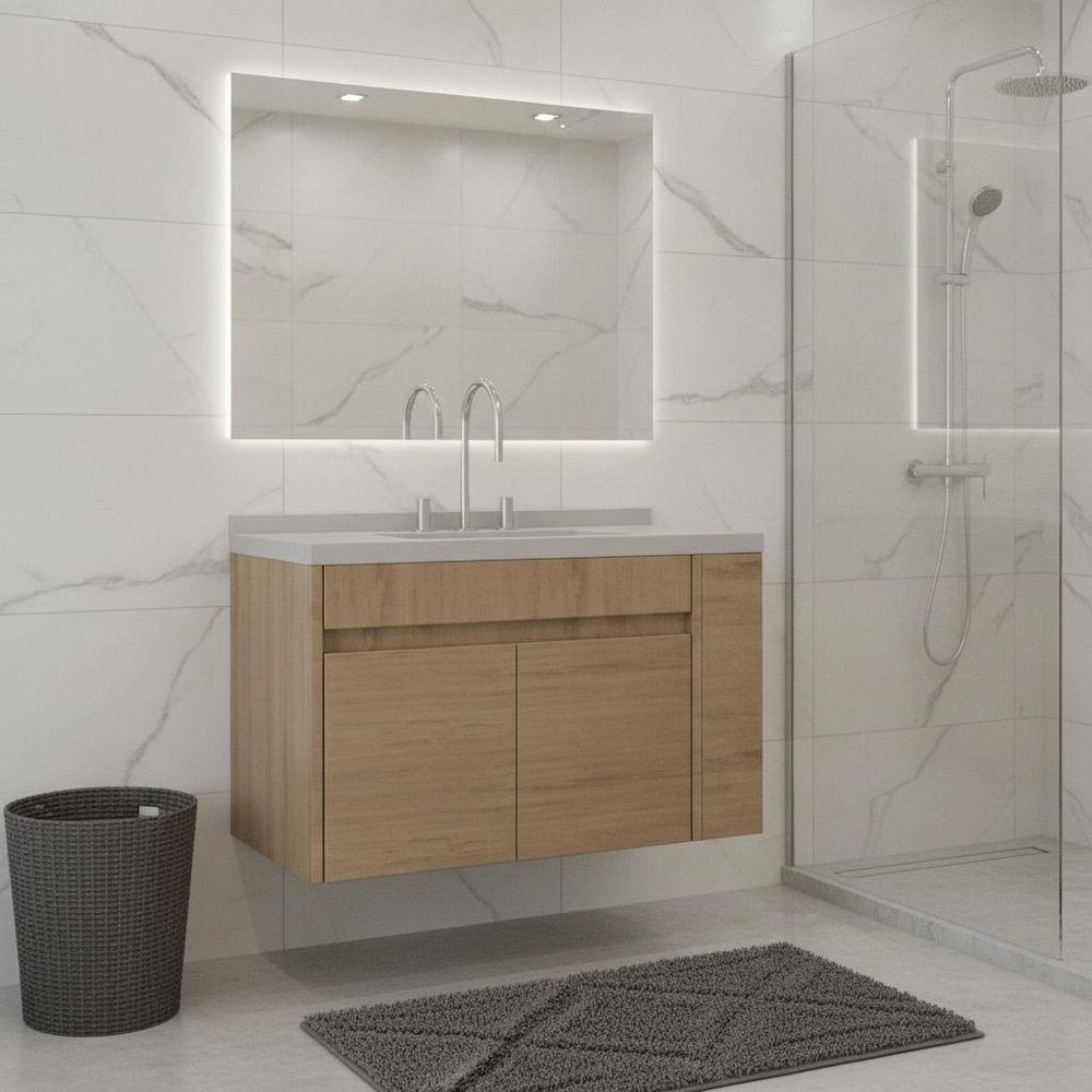 36" Brown Wood Floating Double Door Bathroom Vanity With White Sink