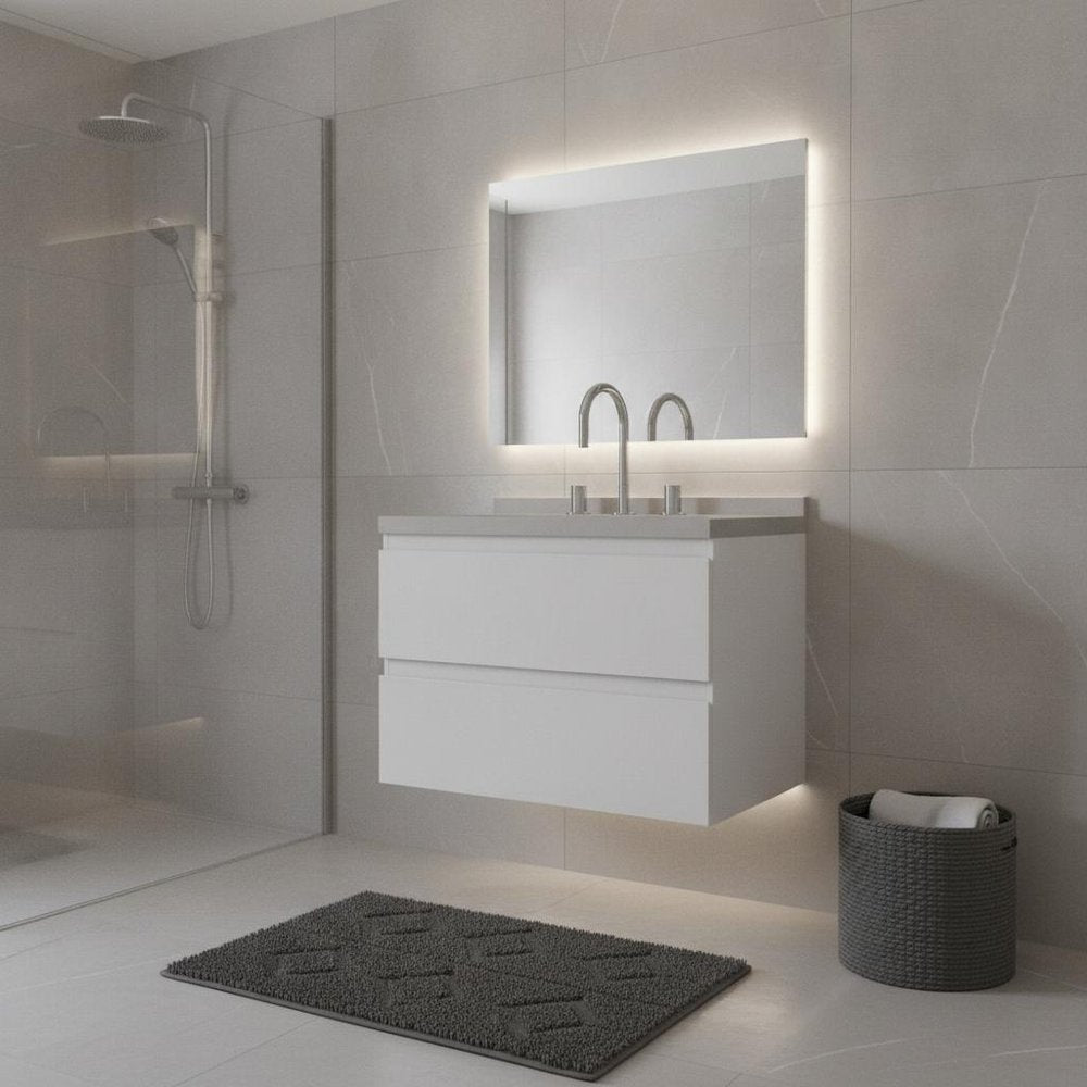 24" White Wood Floating Bathroom Vanity With Sink And Two Drawers