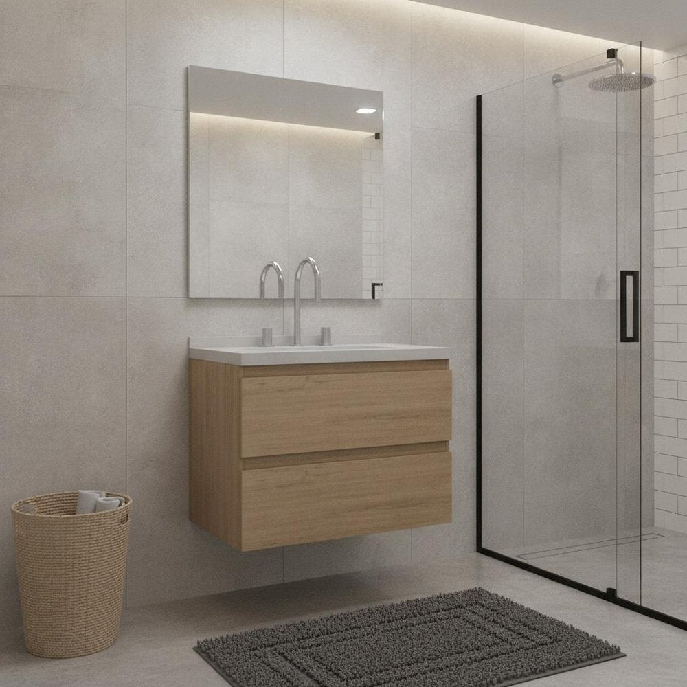 24" Brown Wood Floating Bathroom Vanity With White Sink And Two Drawers