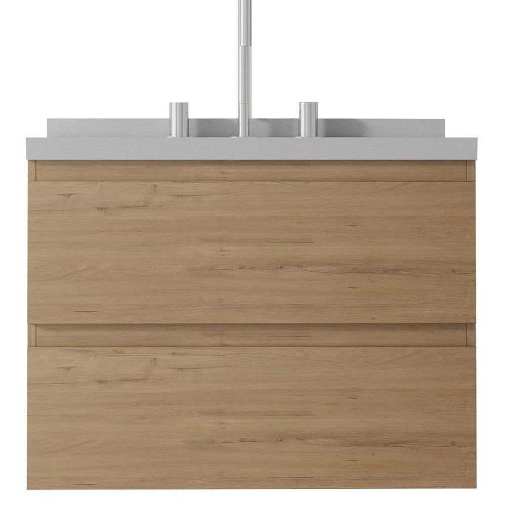 24" Brown Wood Floating Bathroom Vanity With White Sink And Two Drawers