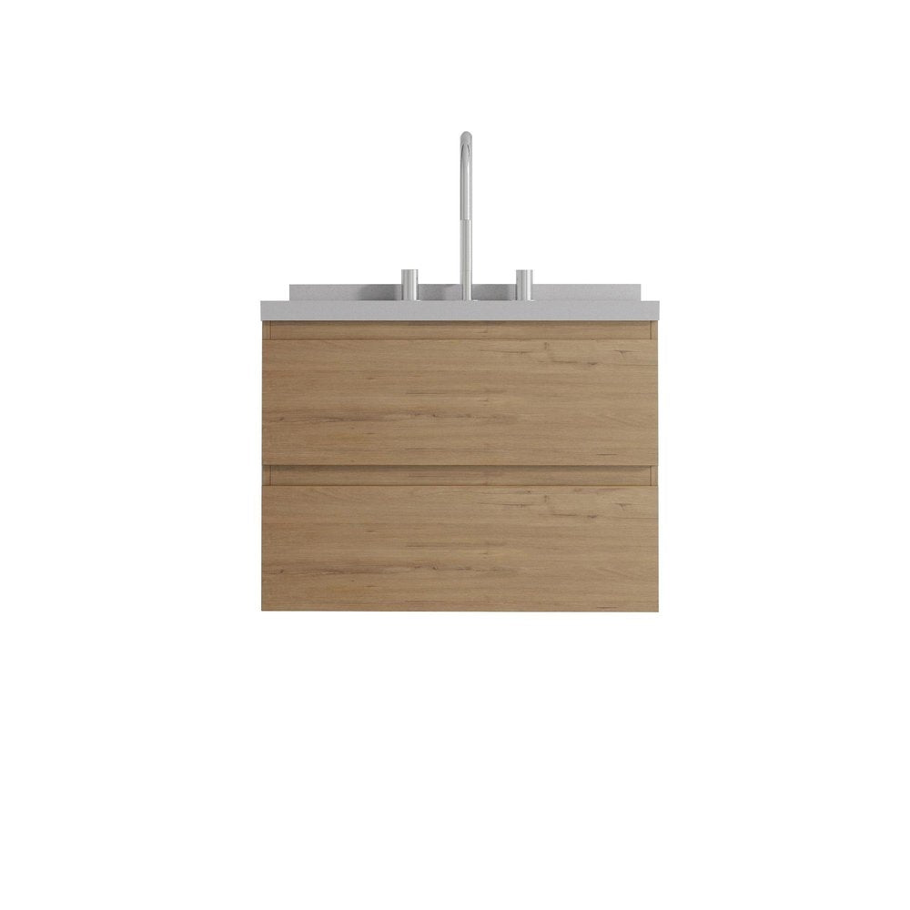 24" Brown Wood Floating Bathroom Vanity With White Sink And Two Drawers