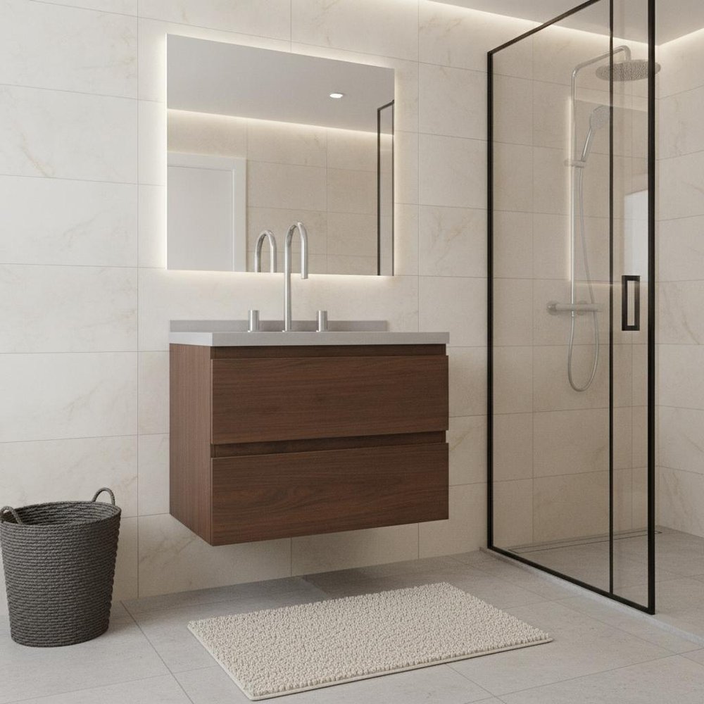 24" Brown Wood Floating Bathroom Vanity With White Sink And Two Drawers