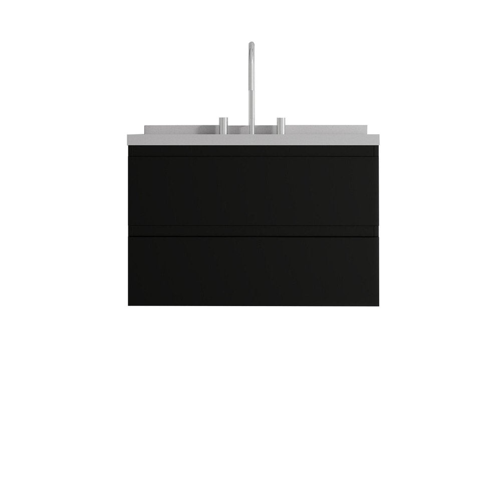 30" Black Wood Floating Bathroom Vanity With White Sink And Two Drawers