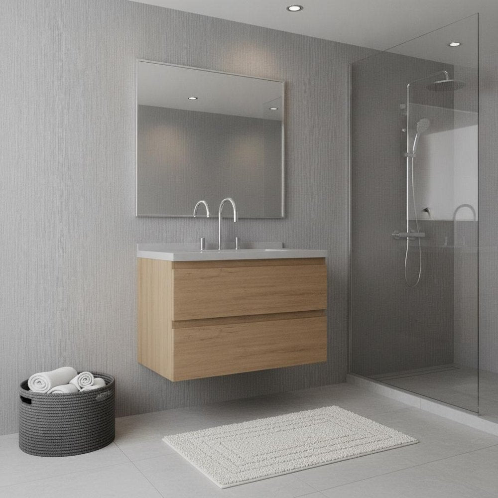 30" Brown Wood Floating Bathroom Vanity With White Sink And Two Drawers