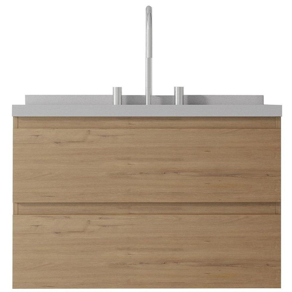 30" Brown Wood Floating Bathroom Vanity With White Sink And Two Drawers