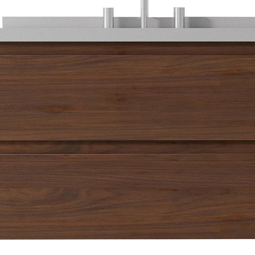 30" Brown Wood Floating Bathroom Vanity With White Sink And Two Drawers