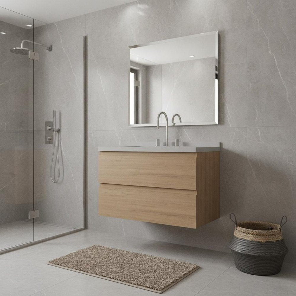 36" Brown Wood Floating Bathroom Vanity With White Sink And Two Drawers