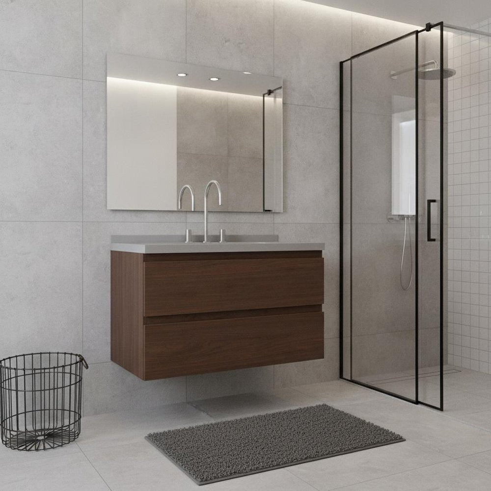 36" Brown Wood Floating Bathroom Vanity With White Sink And Two Drawers