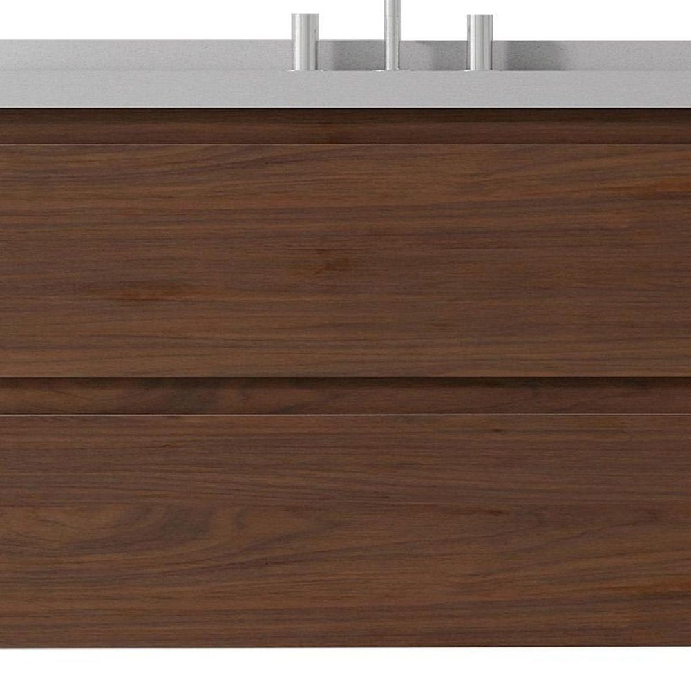 36" Brown Wood Floating Bathroom Vanity With White Sink And Two Drawers