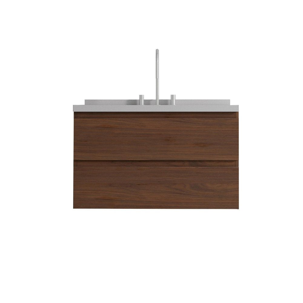 36" Brown Wood Floating Bathroom Vanity With White Sink And Two Drawers