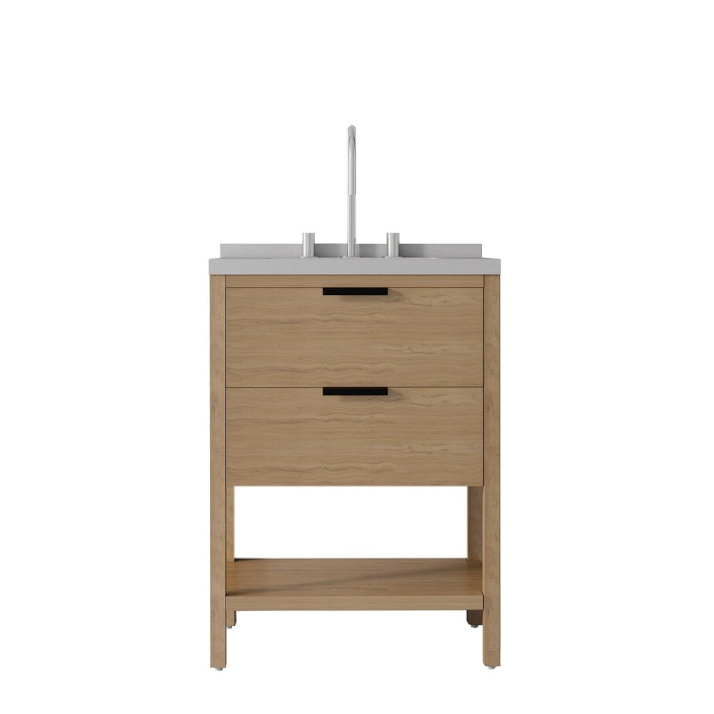 24" Brown Wood Freestanding Bathroom Vanity With White Sink And Two Drawers