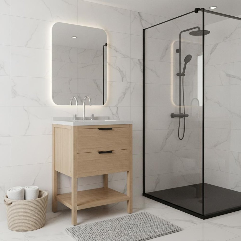 24" Brown Wood Freestanding Bathroom Vanity With White Sink And Two Drawers