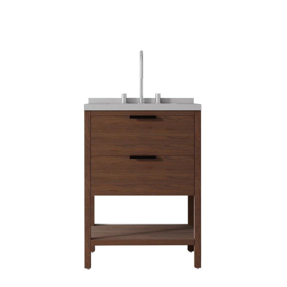 24" Brown Wood Freestanding Bathroom Vanity With White Sink And Two Drawers