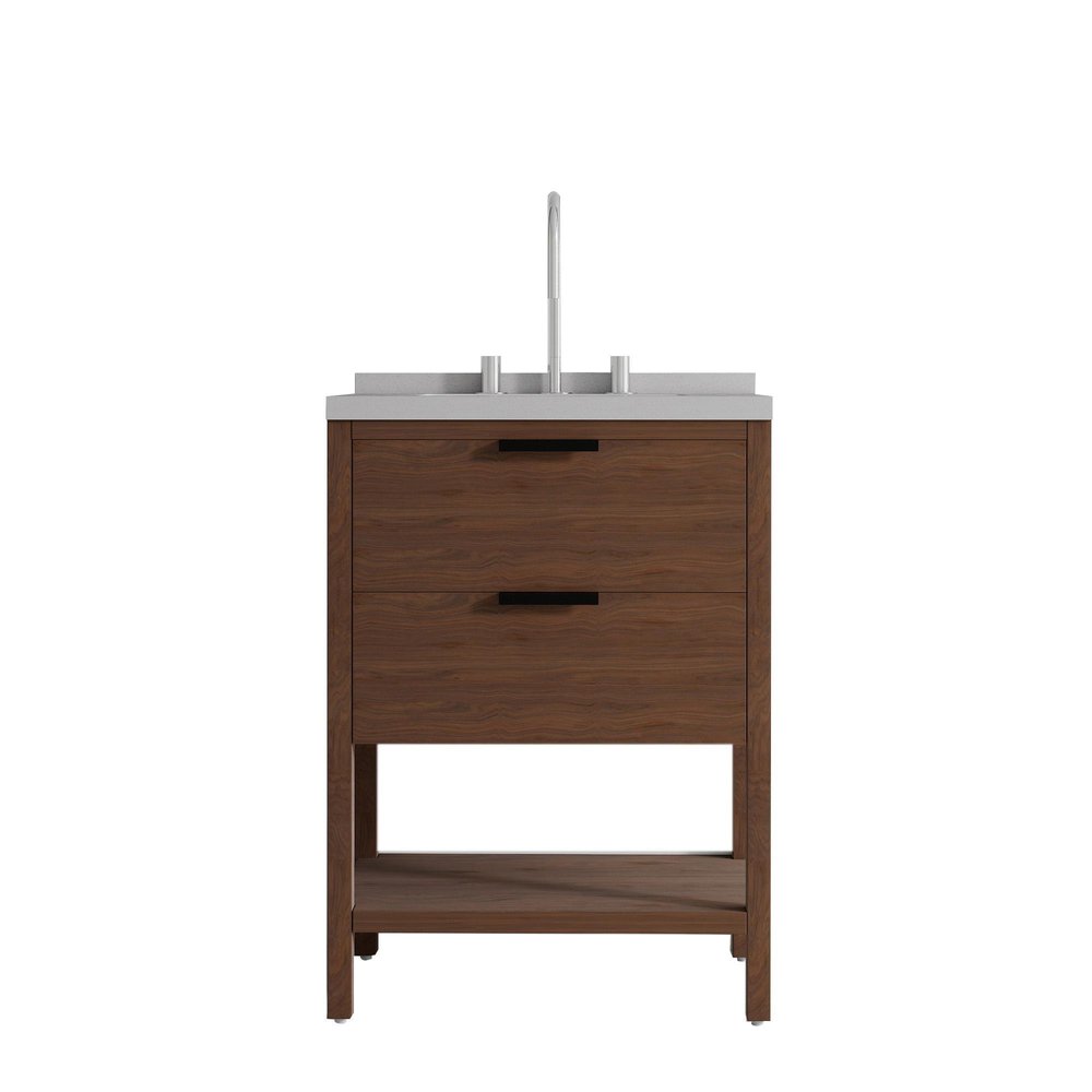 24" Brown Wood Freestanding Bathroom Vanity With White Sink And Two Drawers