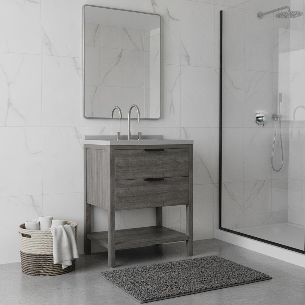 30" Gray Wood Bathroom Vanity With White Cultured Marble Sink Two Drawers And Shelf