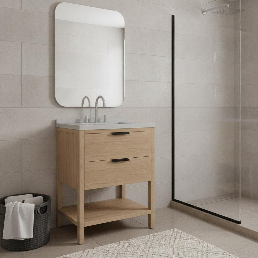 30" Brown Wood Freestanding Bathroom Vanity With White Sink And Two Drawers