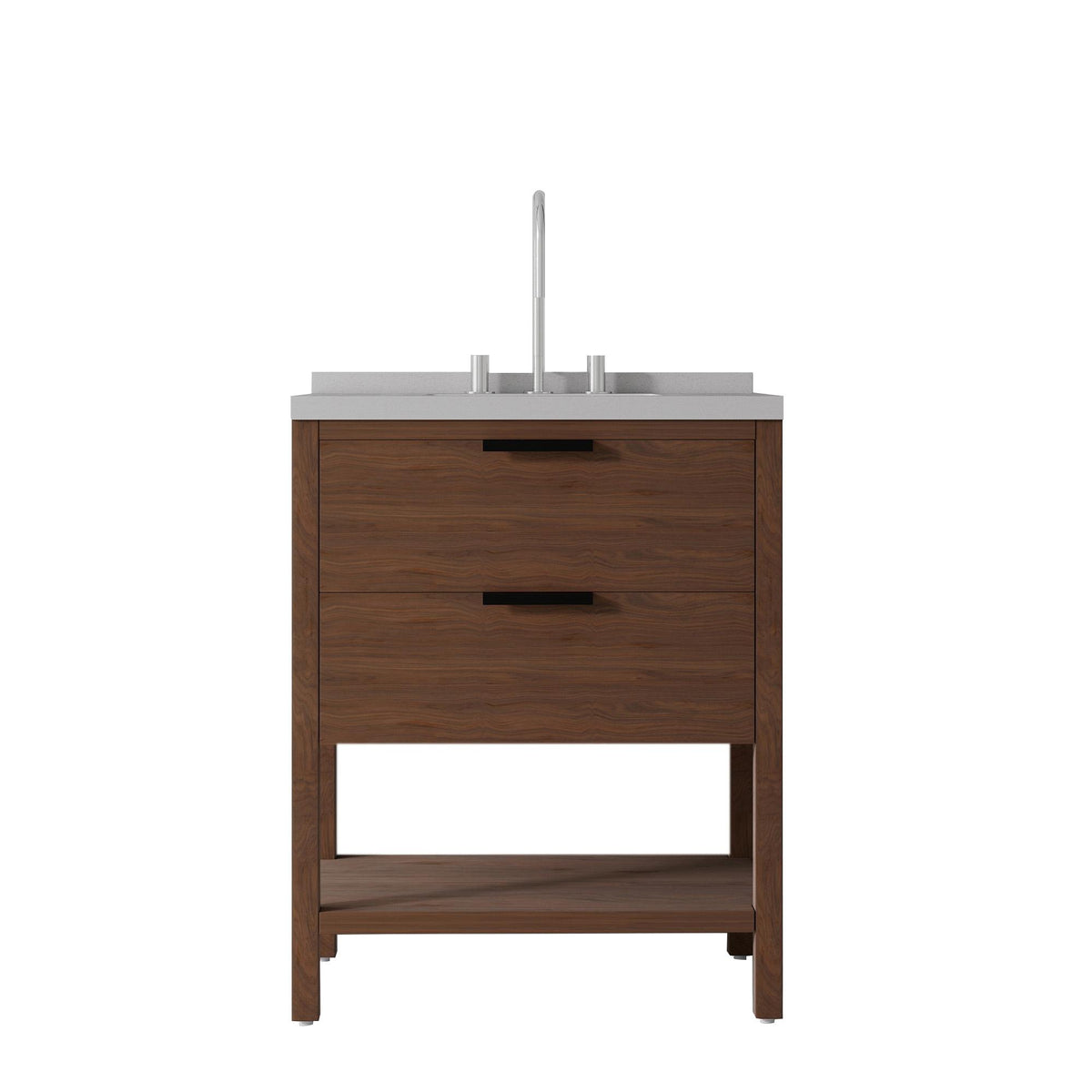 30" Brown Wood Bathroom Vanity With White Cultured Marble Sink Two Drawers And Shelf