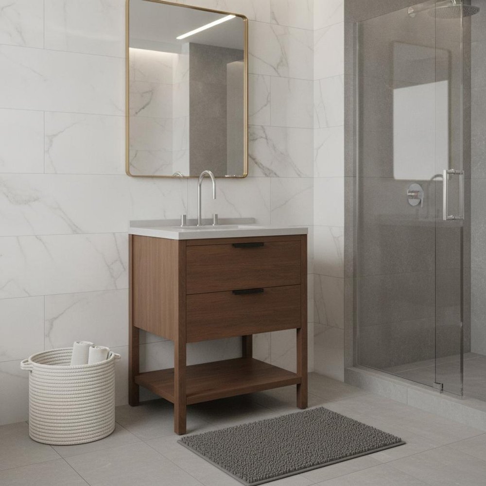 30" Brown Wood Freestanding Bathroom Vanity With White Sink And Two Drawers
