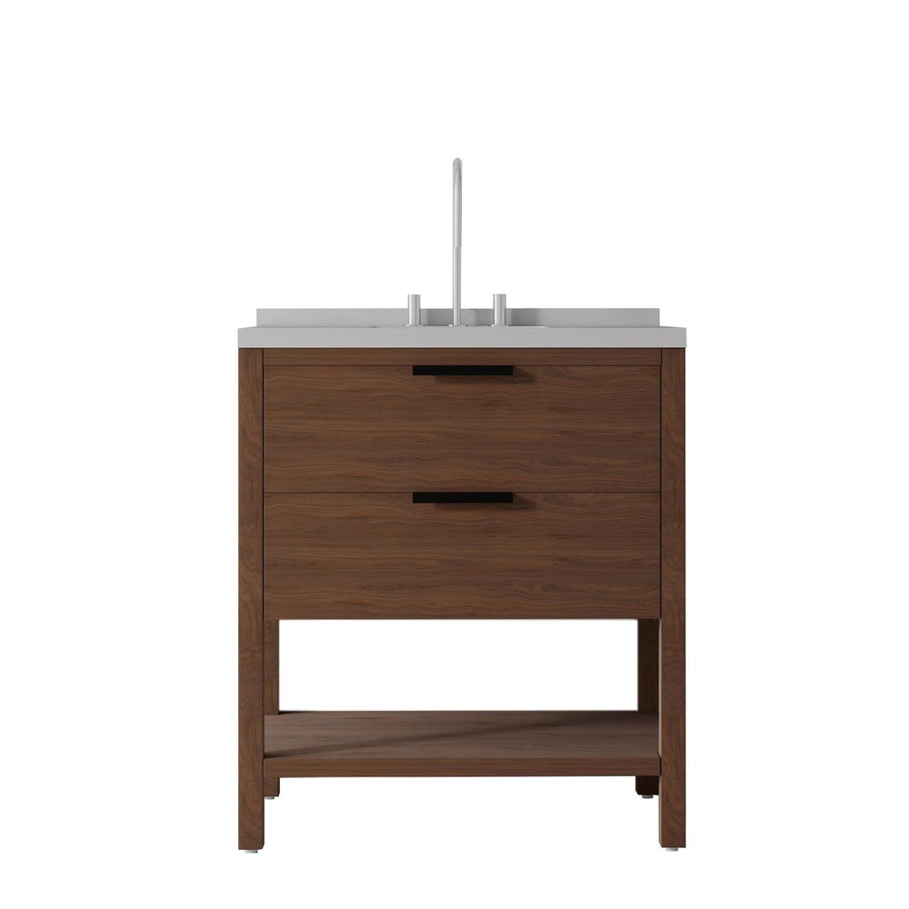 36" Brown Wood Freestanding Bathroom Vanity With White Sink And Two Drawers