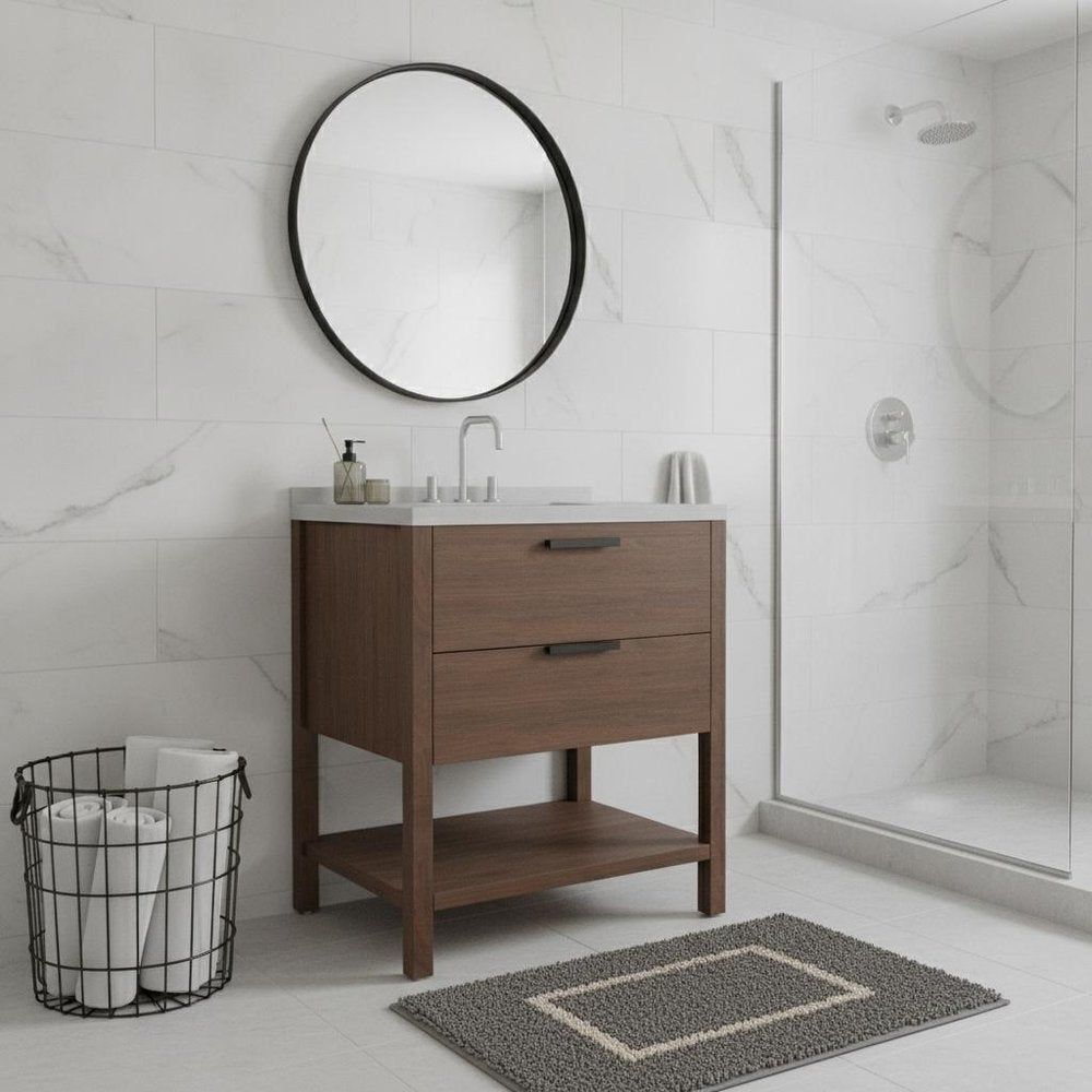 36" Brown Wood Freestanding Bathroom Vanity With White Sink And Two Drawers