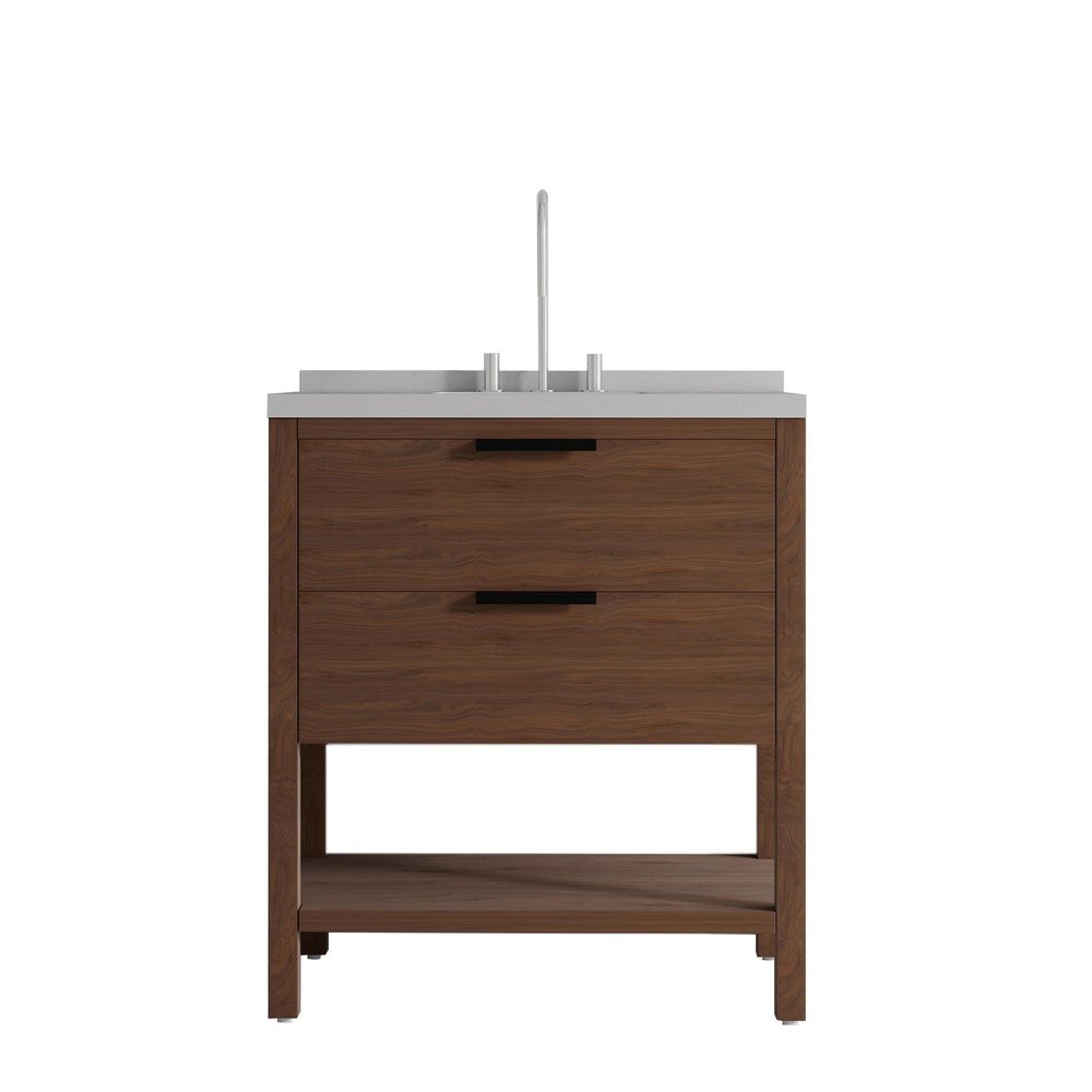 36" Brown Wood Freestanding Bathroom Vanity With White Sink And Two Drawers