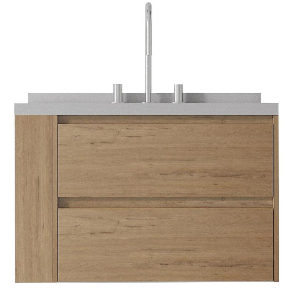 30" Brown Wood Floating Bathroom Vanity With White Sink And Two Drawers