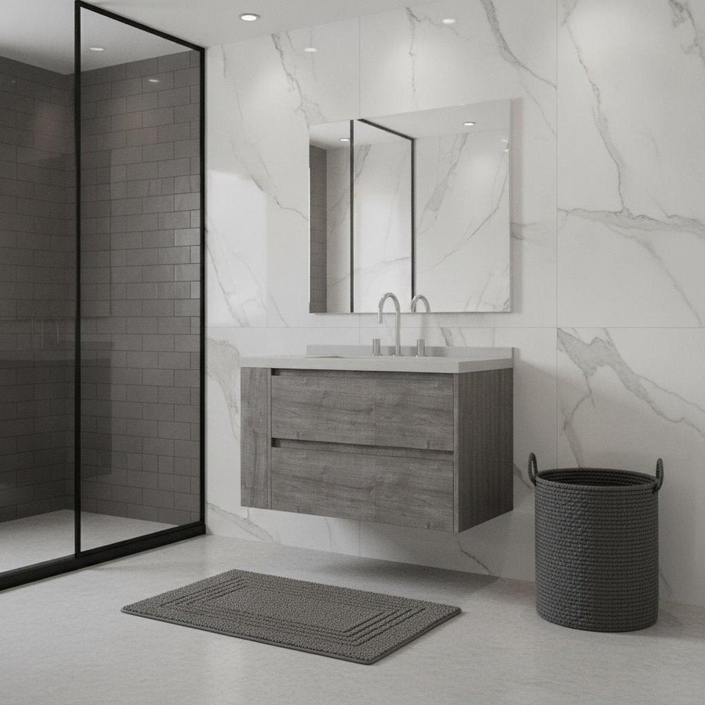 36" Gray Wood Floating Bathroom Vanity With White Sink And Two Drawers