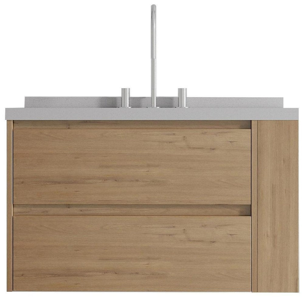 36" Brown Wood Floating Bathroom Vanity With White Sink And Two Drawers