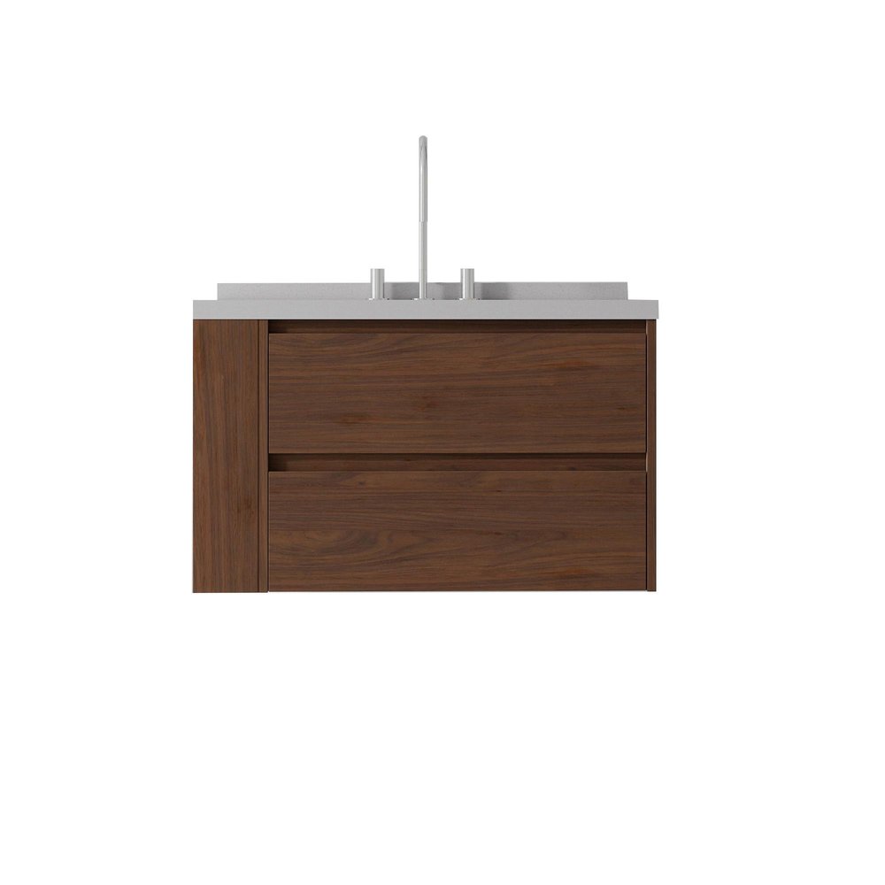 36" Brown Wood Floating Bathroom Vanity With White Sink And Two Drawers