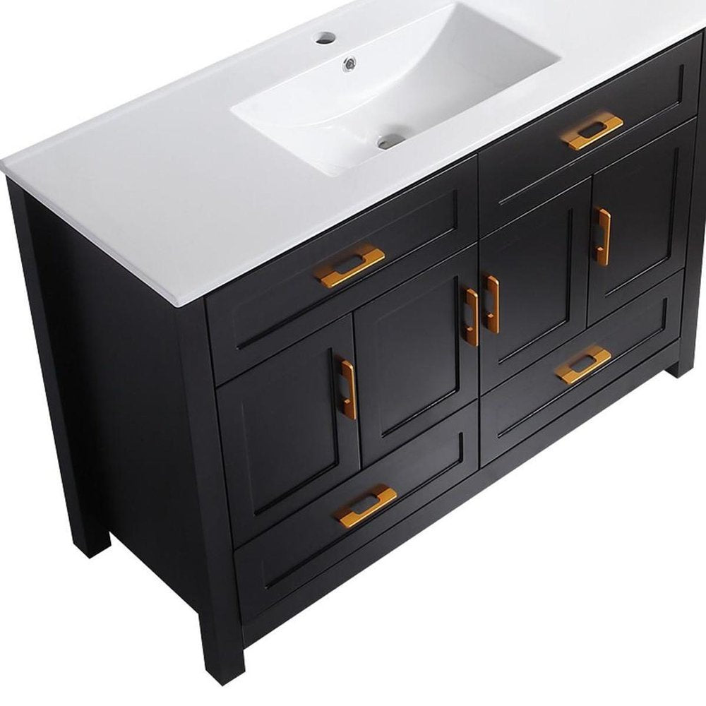48" Black Wood Freestanding Four Door Bathroom Vanity With White Sink And Four Drawers