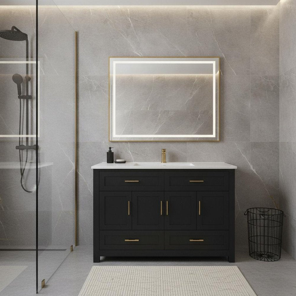 48" Black Wood Freestanding Four Door Bathroom Vanity With White Sink And Four Drawers