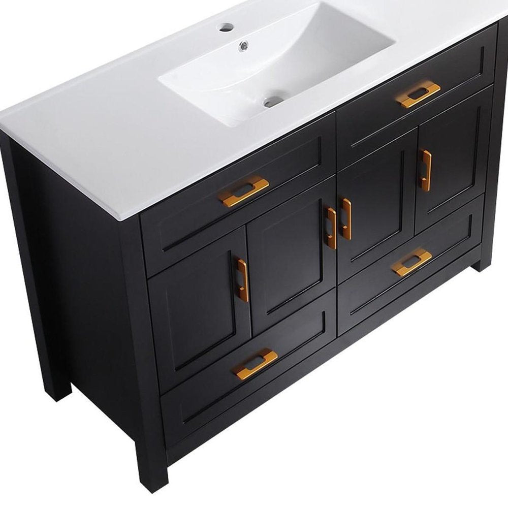 48" Black Wood Freestanding Four Door Bathroom Vanity With White Sink And Four Drawers