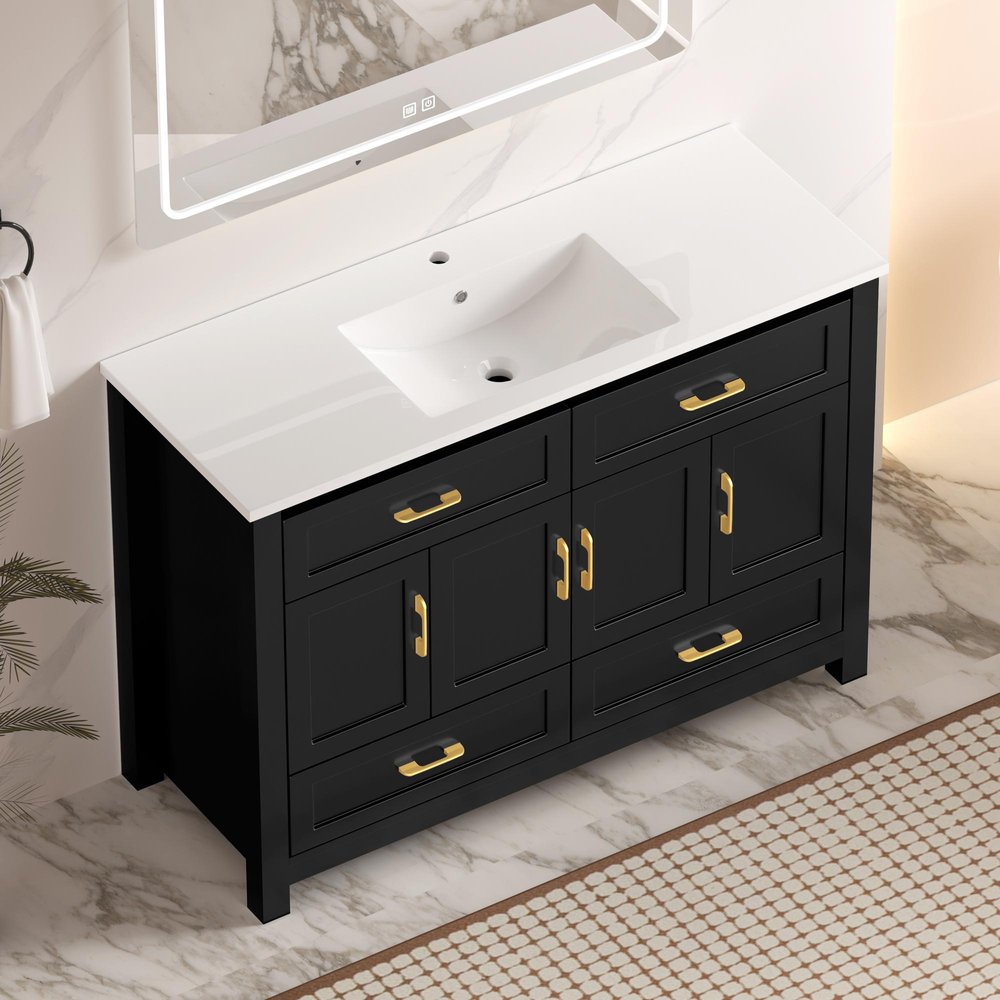 48" Black Wood Freestanding Four Door Bathroom Vanity With White Sink And Four Drawers