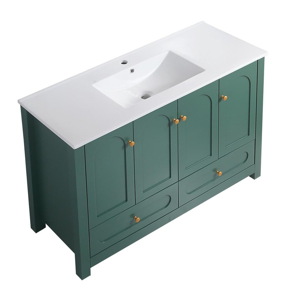 48" Green Wood Freestanding Four Door Bathroom Vanity With White Sink And Two Drawers