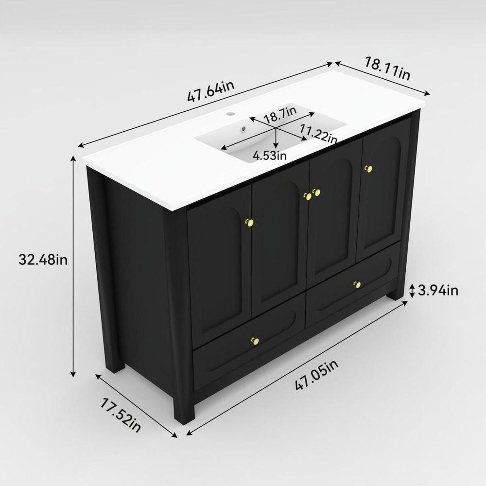 48" Black Wood Freestanding Four Door Bathroom Vanity With White Sink And Two Drawers