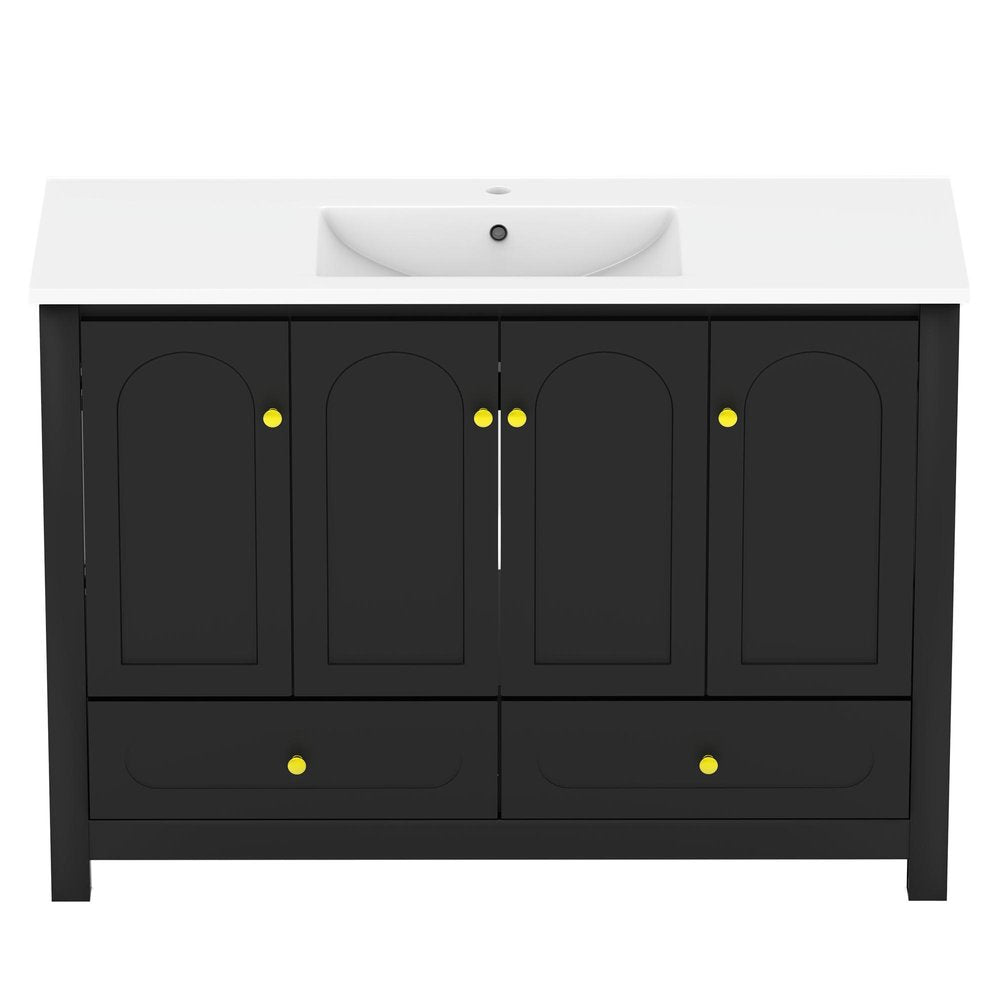 48" Black Wood Freestanding Four Door Bathroom Vanity With White Sink And Two Drawers
