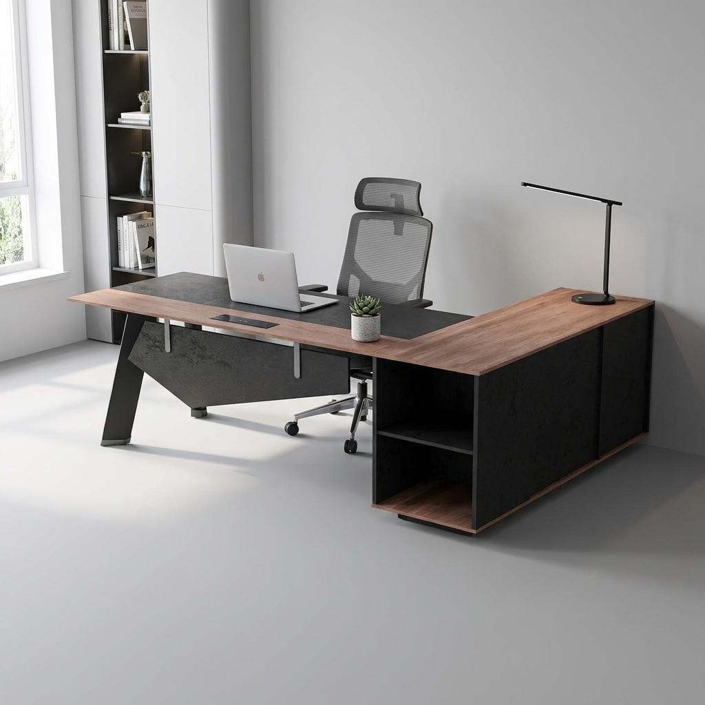 63" Black And Brown Wood And Steel L Shape Pedestal Executive Desk With Four Cabinets