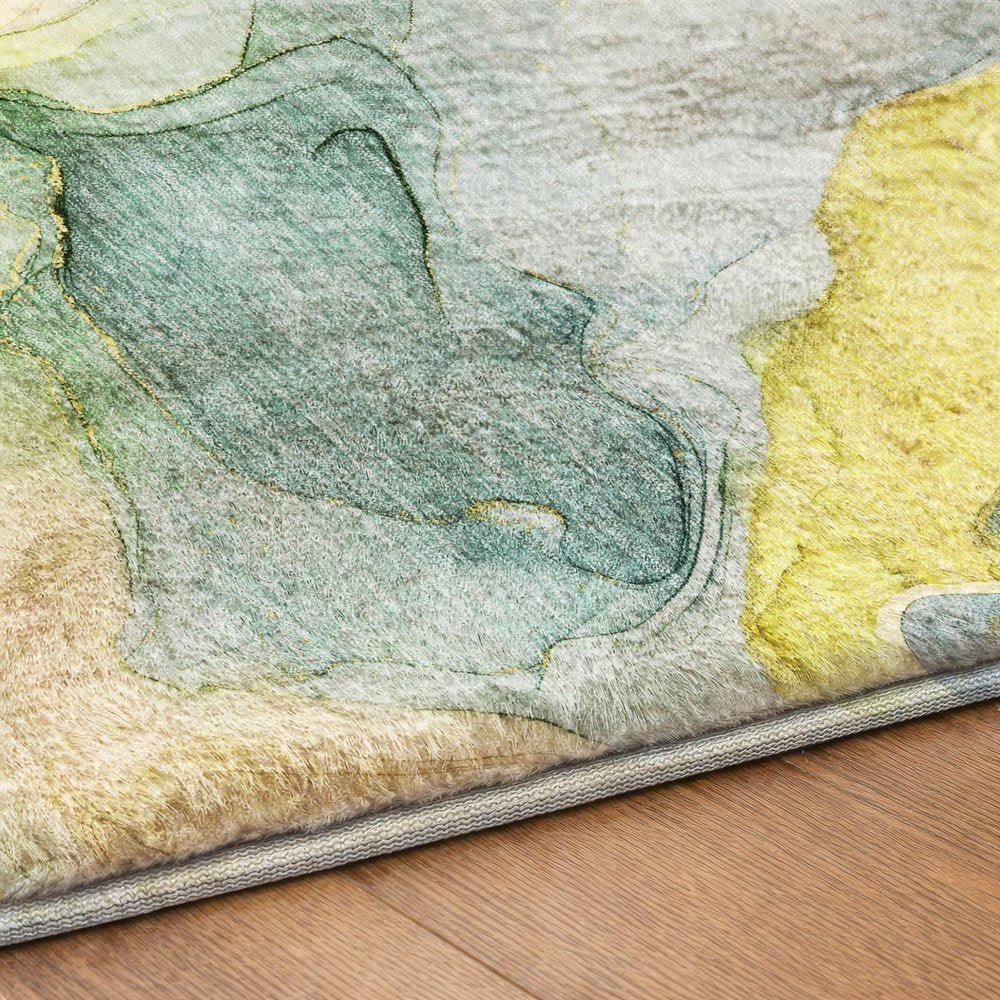 9' X 12' Yellow And Teal Abstract Shag Washable Area Rug With UV Protection