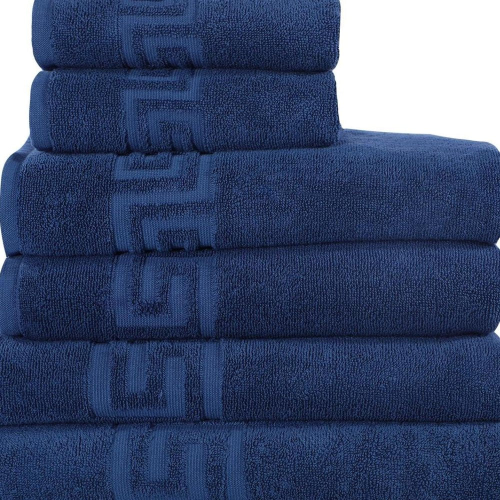 Set of Six Navy Blue Greek Key Turkish Cotton Towel Set