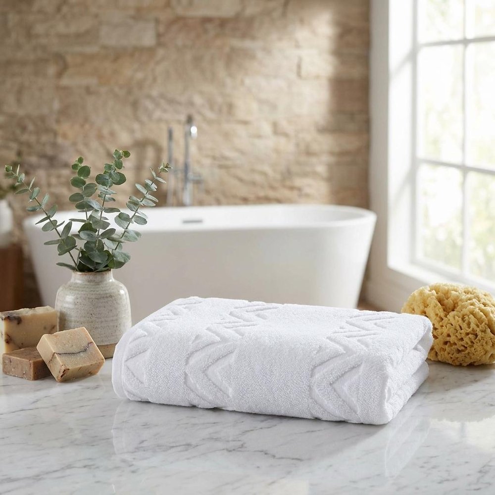 Set of Six White Geometric Turkish Cotton Towel Set