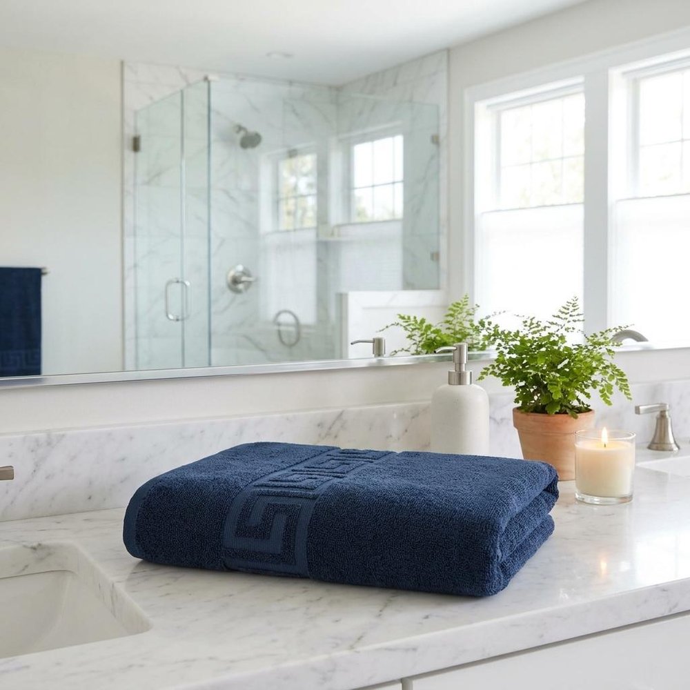 Set of Six Navy Blue Greek Key Turkish Cotton Towel Set