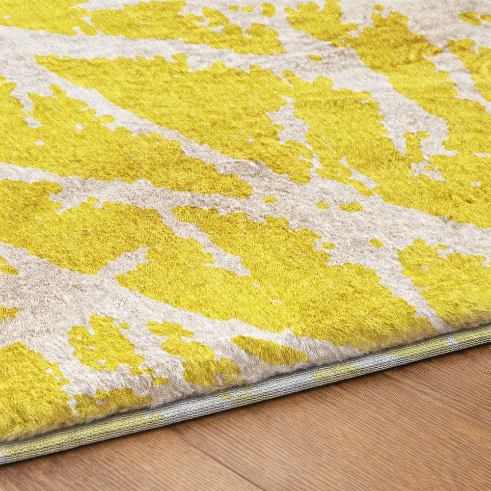 9' X 12' Yellow And Ivory Geometric Shag Washable Area Rug With UV Protection