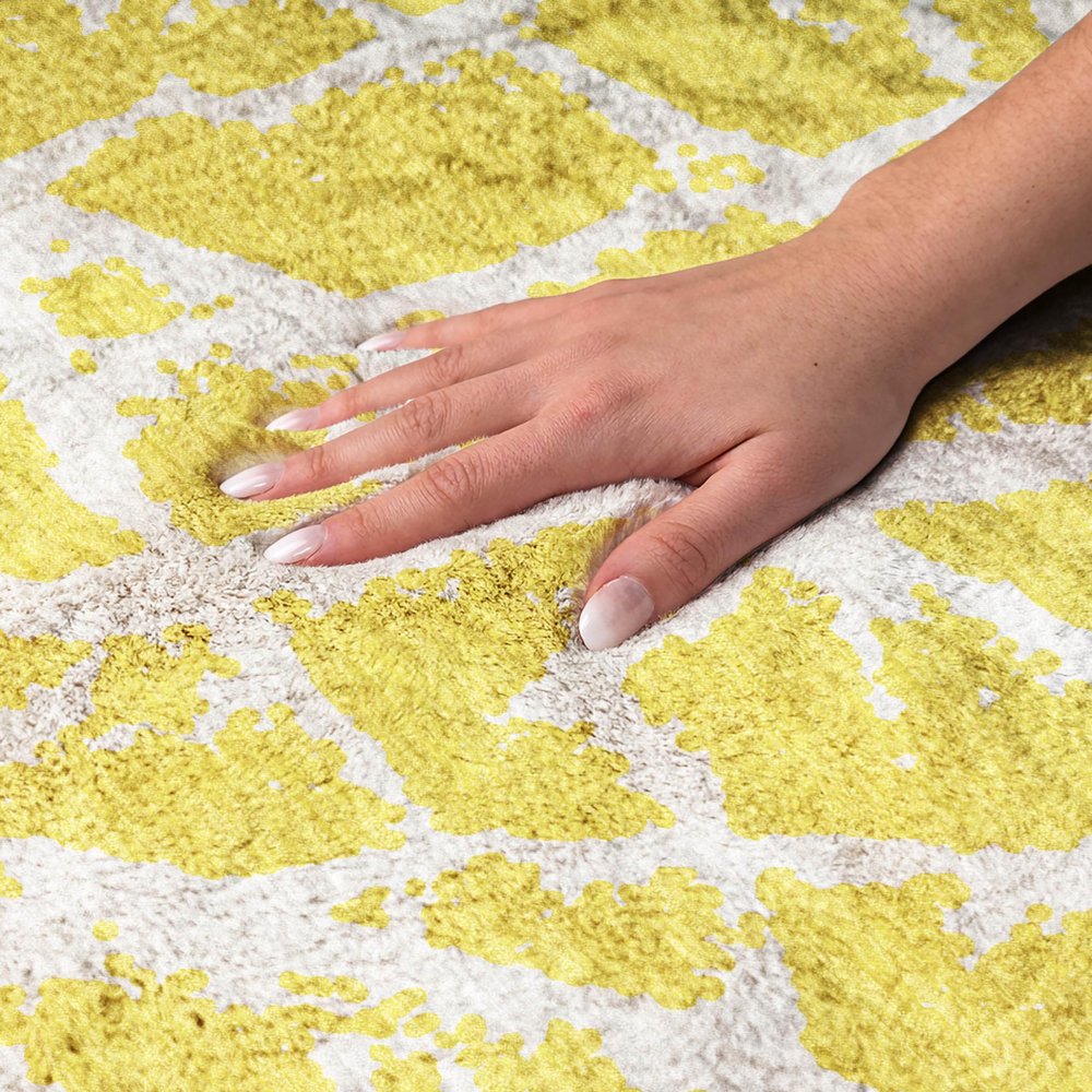 9' X 12' Yellow And Ivory Geometric Shag Washable Area Rug With UV Protection