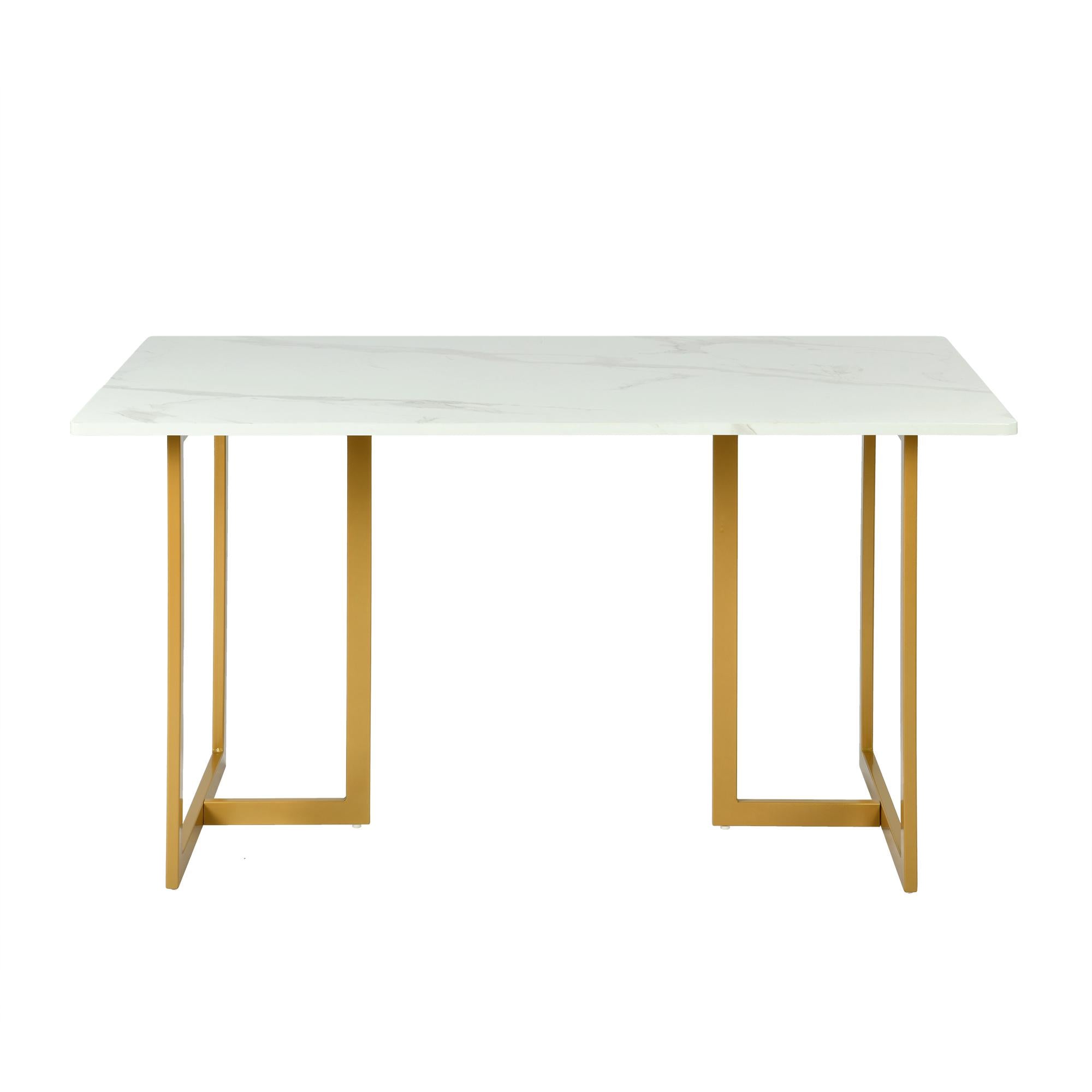 55" White And Gold Faux Marble And Iron Sled Base Dining Table