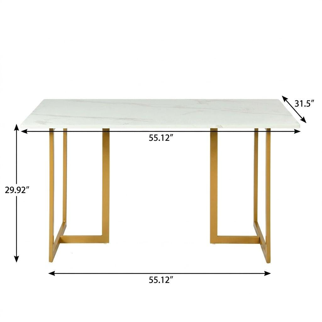 55" White And Gold Faux Marble And Iron Sled Base Dining Table