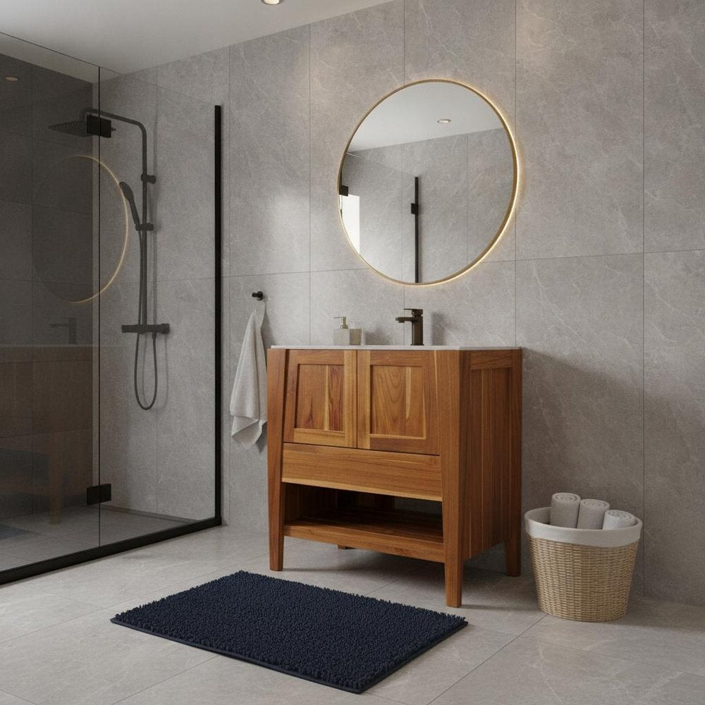 30" Light Brown Solid Wood Freestanding Double Door Bathroom Vanity And Two Drawers