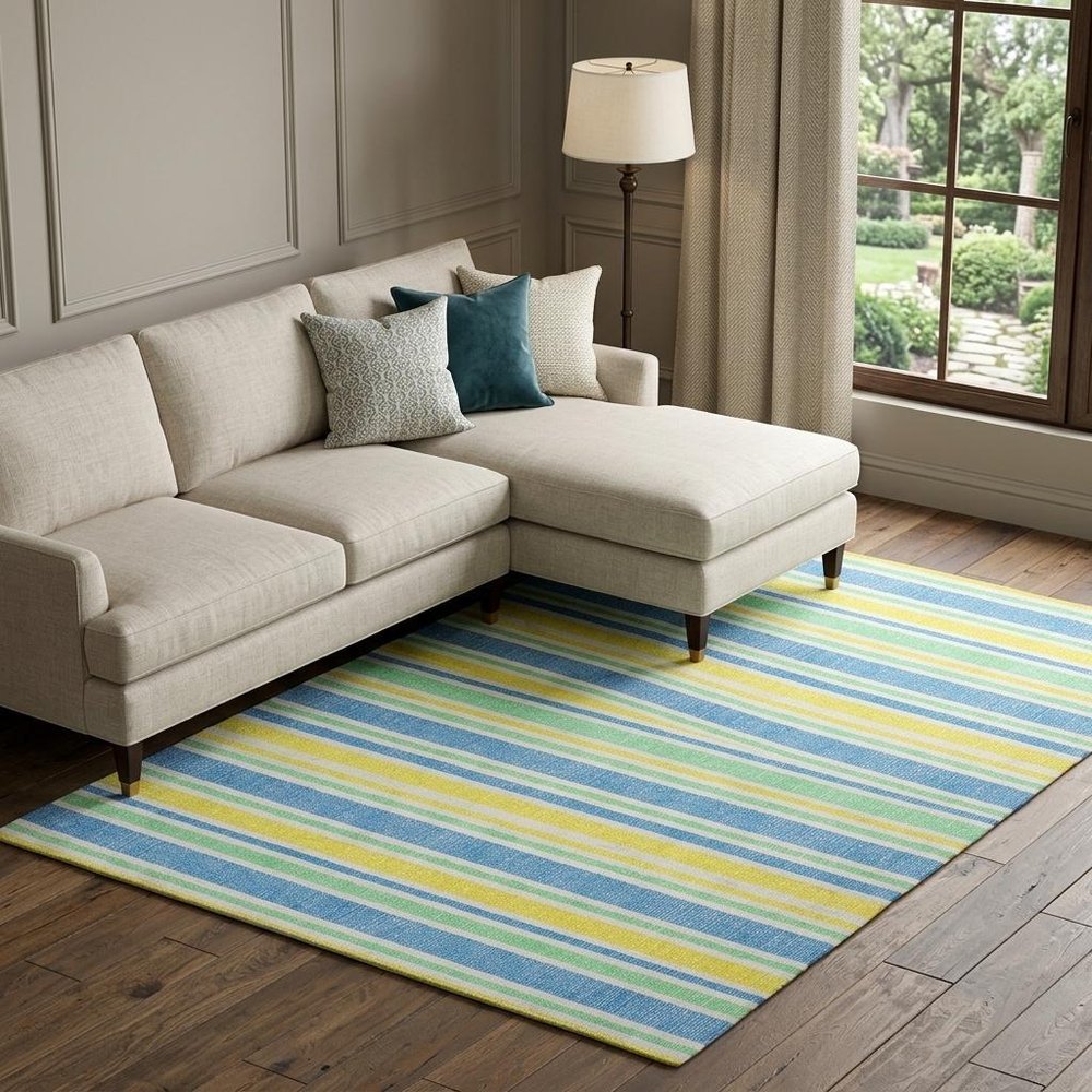 9' X 12' Yellow And Blue Striped Shag Washable Area Rug With UV Protection
