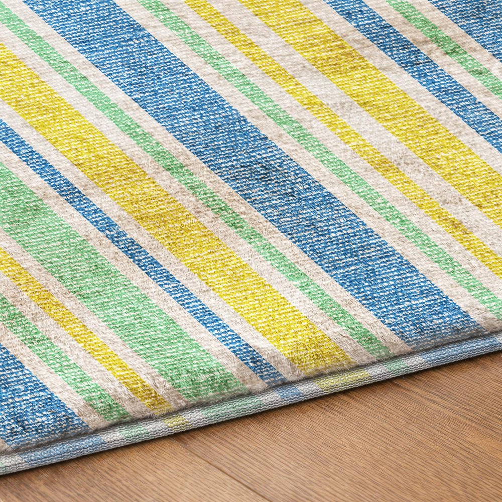 9' X 12' Yellow And Blue Striped Shag Washable Area Rug With UV Protection