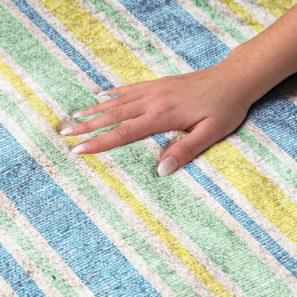 9' X 12' Yellow And Blue Striped Shag Washable Area Rug With UV Protection