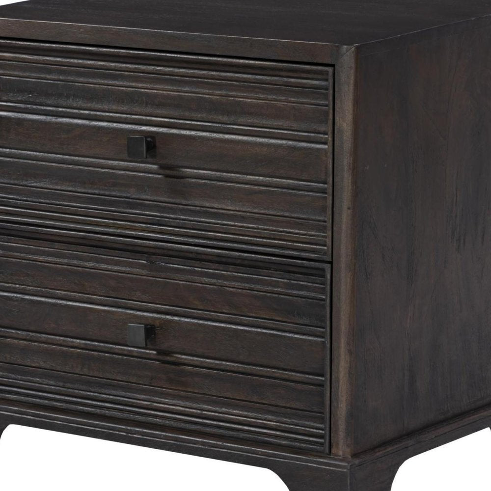 24" Umber Solid Wood Distressed Carved Geometric Two Drawer Nightstand